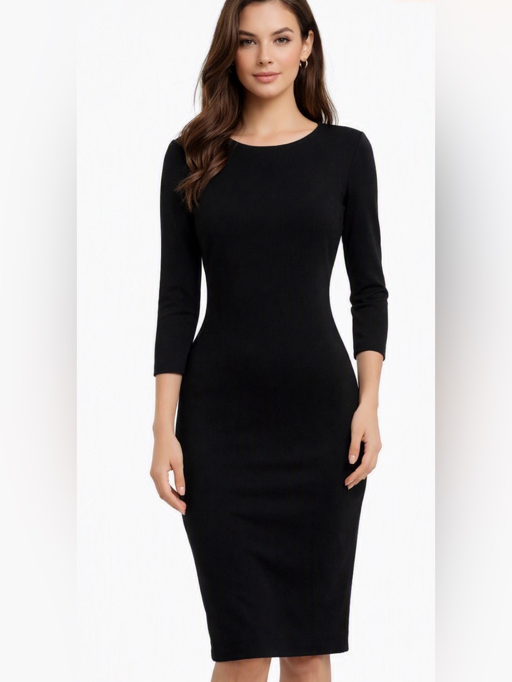🇨🇦 Sophie Grace Black Midi Sheath Dress Medium 3/4 Sleeve Formal Elegant